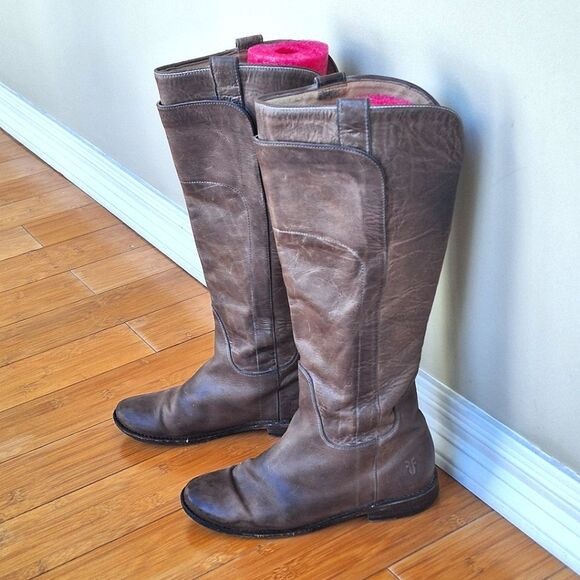 Frye Paige Tall Riding Boots Tan Distressed Leather Made in Mexico women's sz 6 - Picture 1 of 15